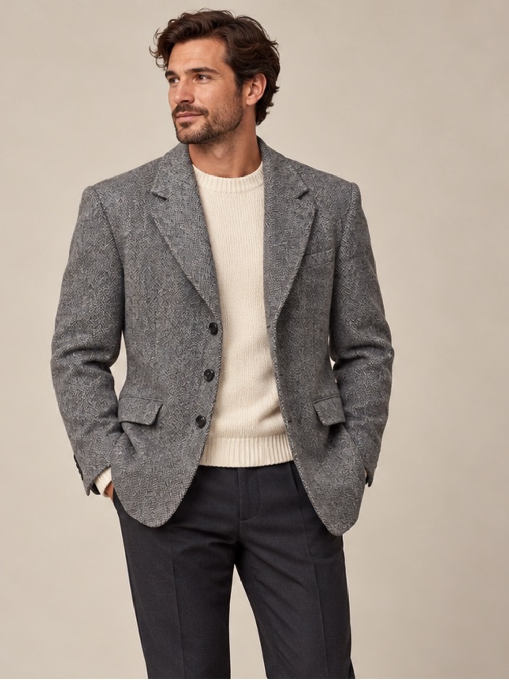 Vintage Pure Virgin Wool Herringbone Blazer Coat | Grey Blue